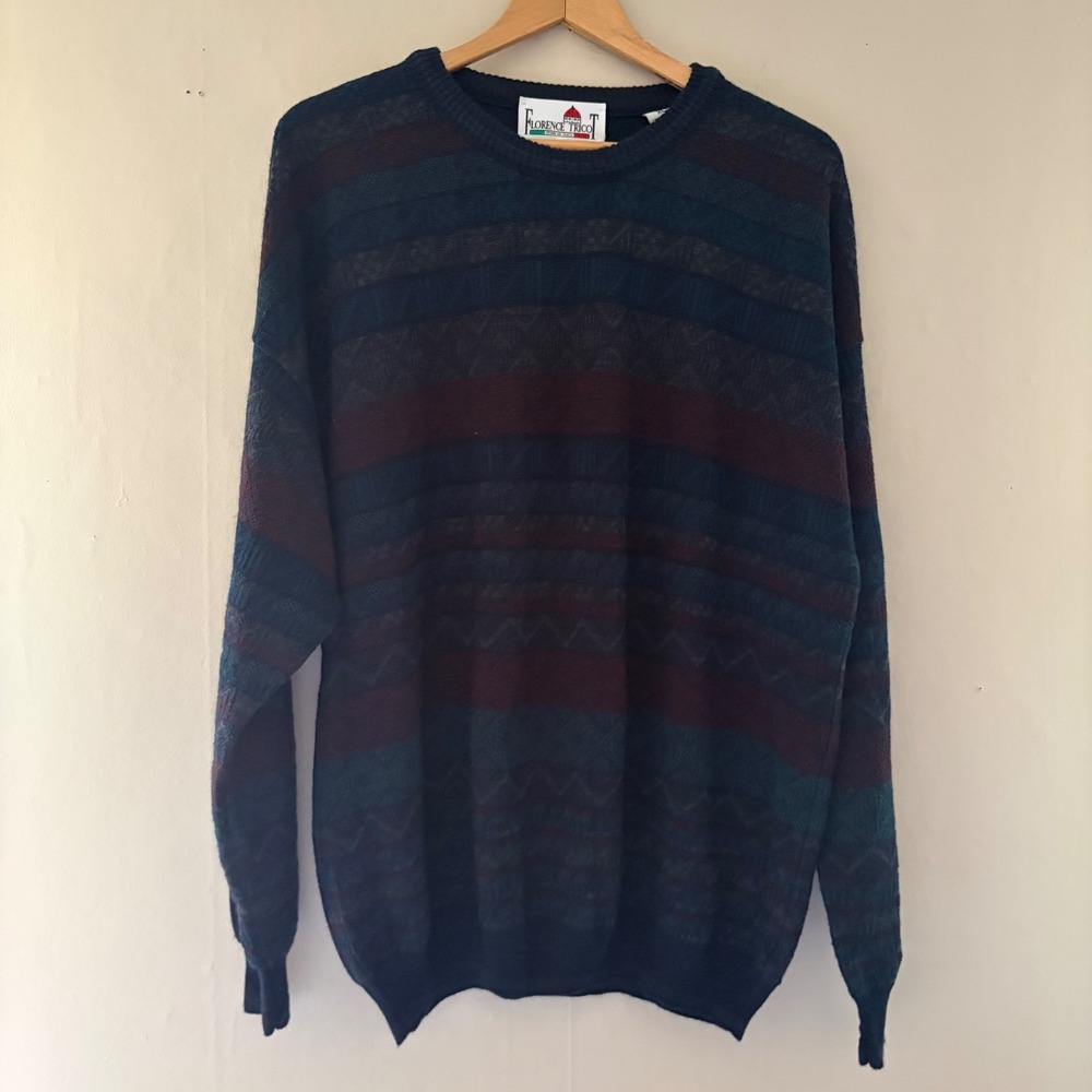 VTG Florence Tricot Pullover Sweater Size XL Geometric Striped Wool Blend Italy